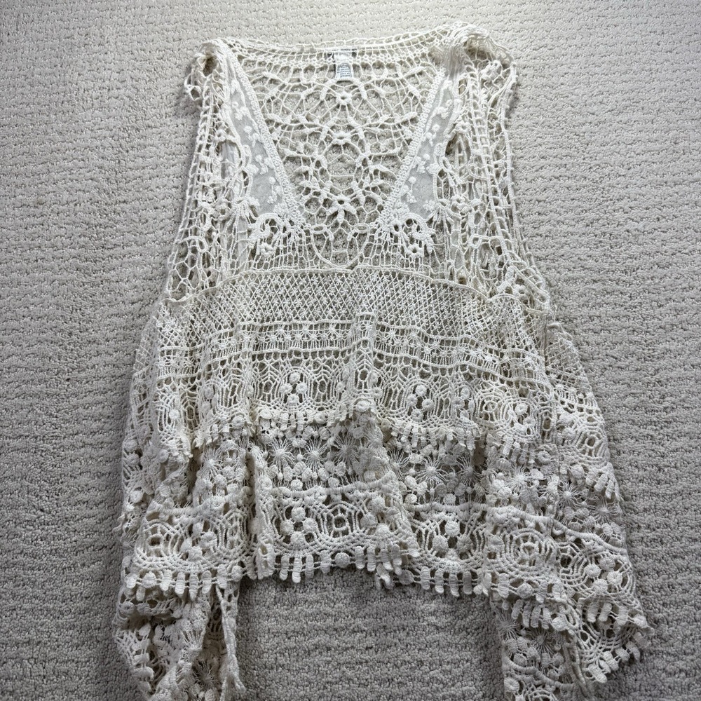 Forever 21 Cream Crochet Lace Vest Sleeveless Open Front Boho Festival Large